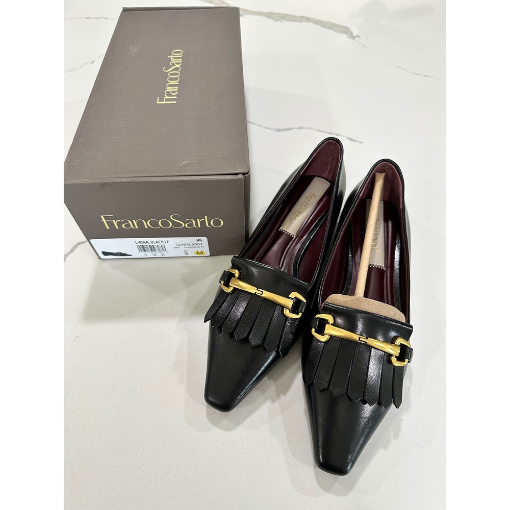 Franco Sarto L-Rina Black Leather Kiltie Bit Loafers Pointed Toe Flats Size 5 M